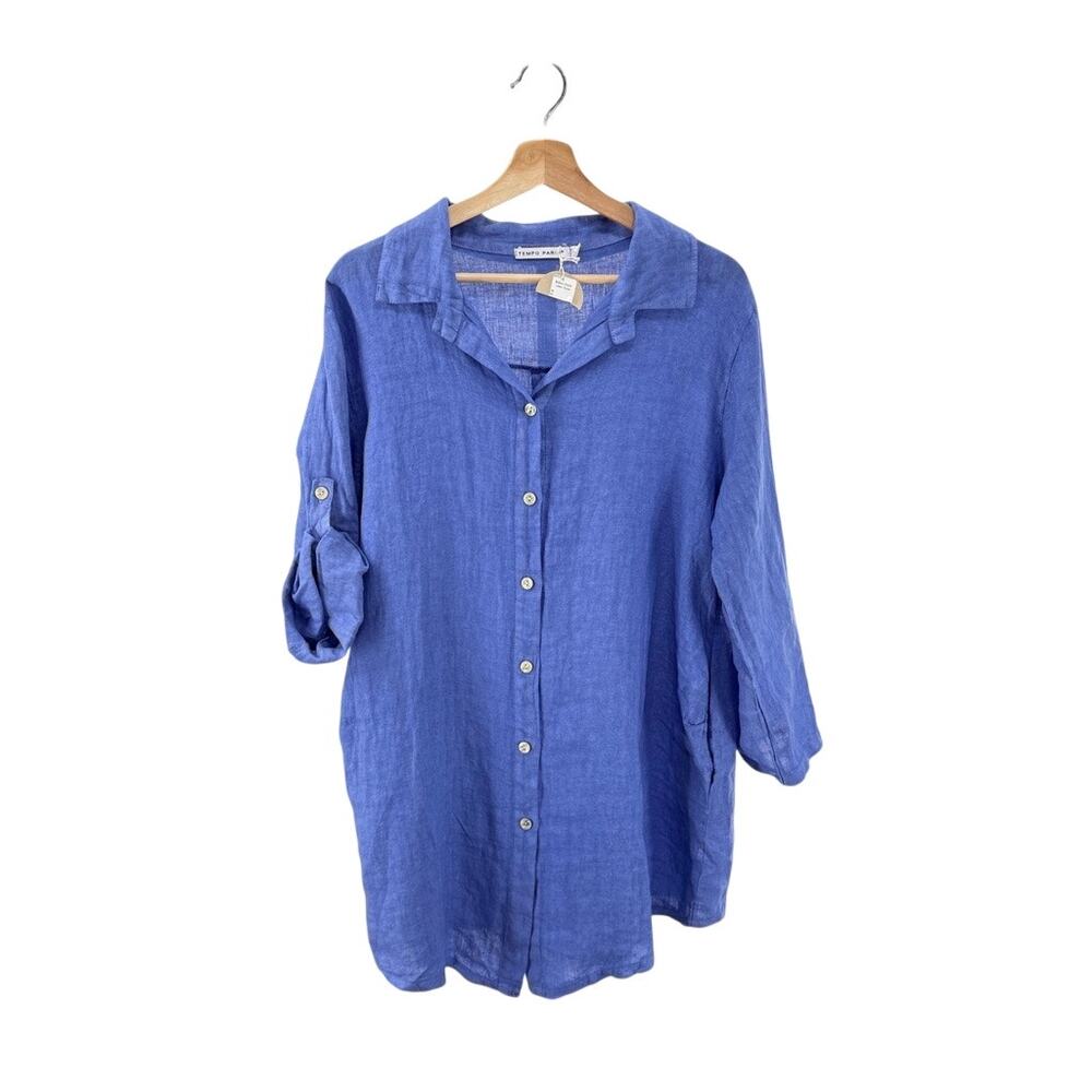 New! Tempo Paris Blue Button Linen M/L Tunic Shirt Minimalist Coastal Modest